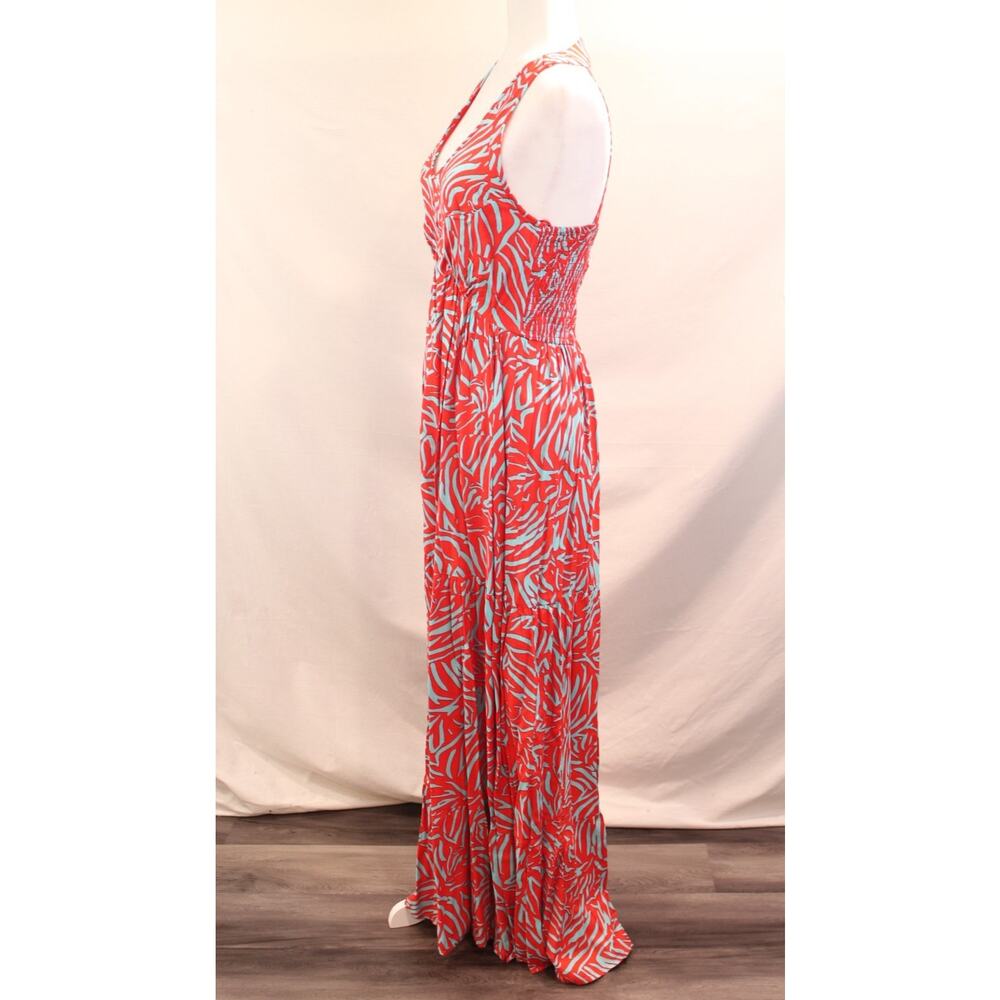 Womens Rayon Maxi Dress size M Red Blue Lined Geometric Smocked Back Boho Chic - Picture 2 of 11